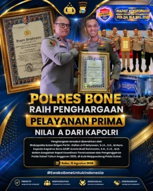 Wujud Komitmen Nyata, Polres Bone Sabet Penghargaan Pelayanan Prima Berpredikat “A” dari Kapolri