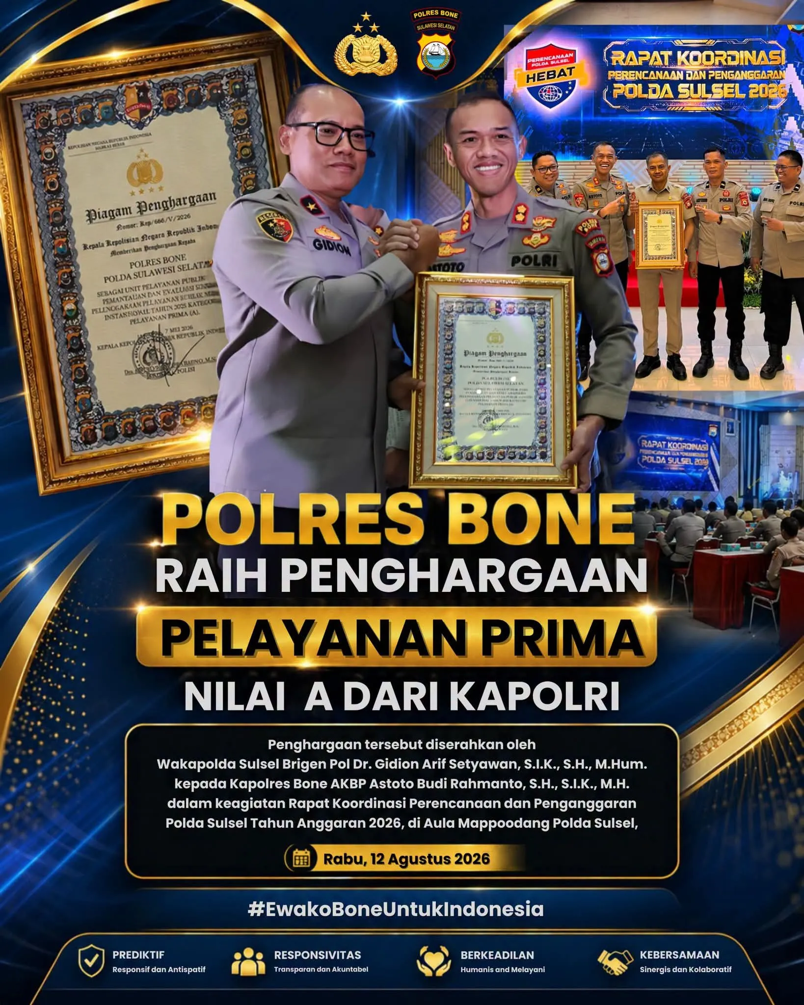 Wujud Komitmen Nyata, Polres Bone Sabet Penghargaan Pelayanan Prima Berpredikat “A” dari Kapolri