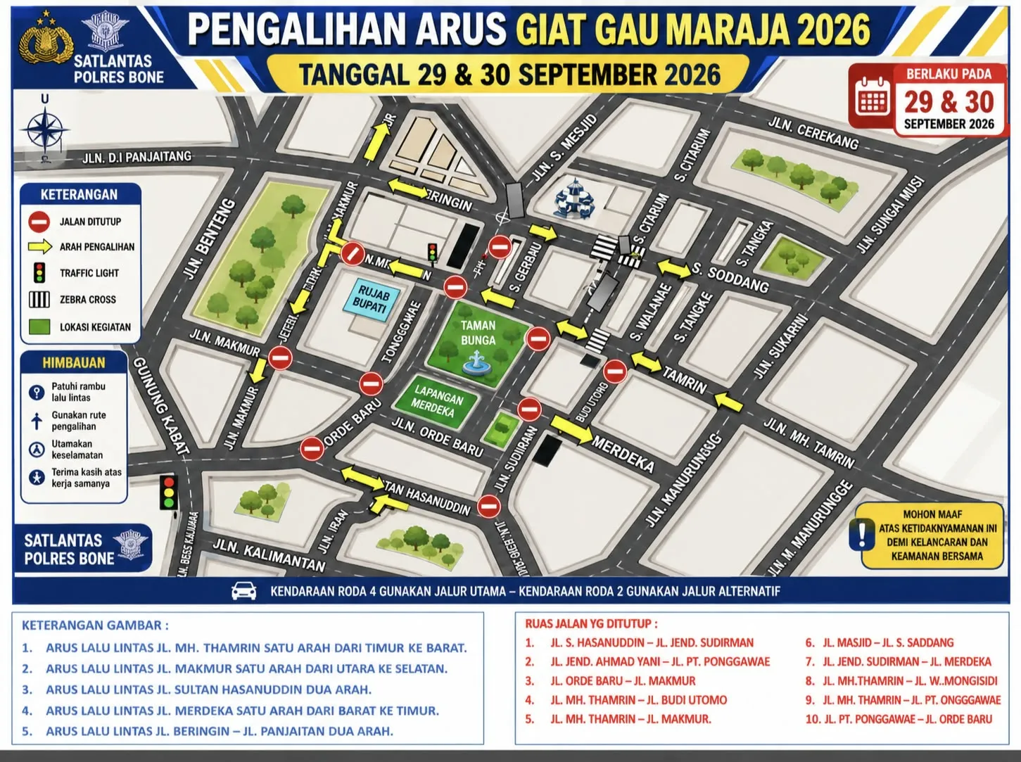 Catat! Malam Ini & Besok, 10 Ruas Jalan di Watampone Ditutup Selama Gau Maraja
