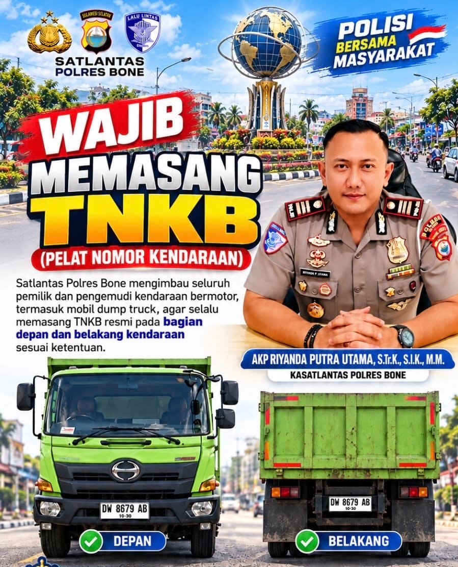 Tegas! Satlantas Polres Bone Wajibkan Pemasangan TNKB Resmi, Pengemudi Tanpa Pelat Nomor Terancam Sanksi Pidana